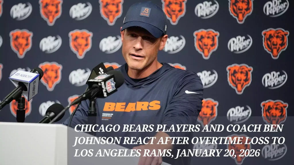 Chicago Bears players and coach Ben Johnson react after overtime loss to Los Angeles Rams, January 20, 2026